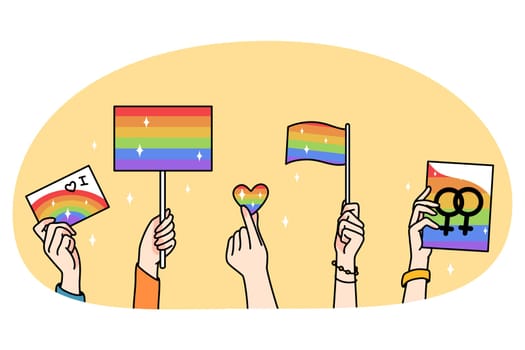 Hands of diverse people hold LGBT flags and banners celebrate international gay day. Volunteers have celebration on pride month. Homosexuality and gender equality. Vector illustration.
