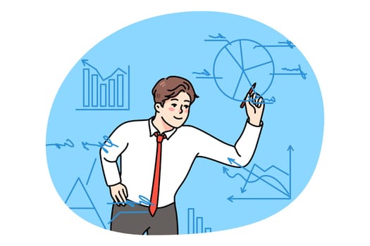 Young successful businessman work with graphs or charts on board in office. Smiling male employee brainstorm over financial startup project at workplace. Financier job. Vector illustration.
