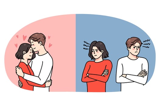 Young couple fight and love. Man and woman hug and cuddle or quarrel and ignore. Lover relationship problems. Marriage and relations trouble. Counseling help. Vector illustration.