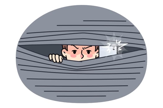 Male paparazzi hide behind curtain take pictures with camera. Man photographer hidden from people make photos with phone. Reporter and journalist job. Flat vector illustration.