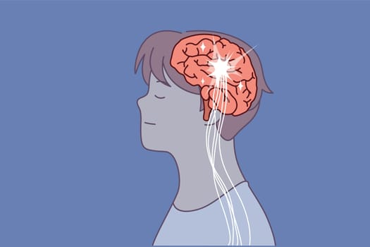 Brain and neural connection lines in head man at time of brainstorming or searching for new ideas. Human brain for concept introducing artificial intelligence and machine learning of computer systems