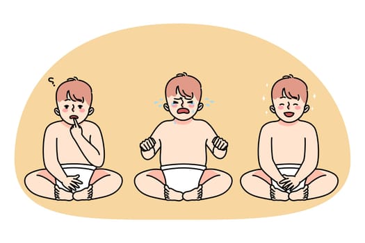 Set of baby in diaper with different emotions
