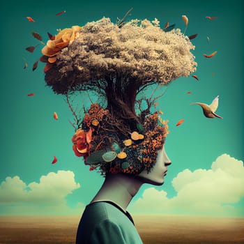 Human brain with tree of flowers, self esteem and mental health care concept, positive thinking, creative mind, connected to nature, generative AI