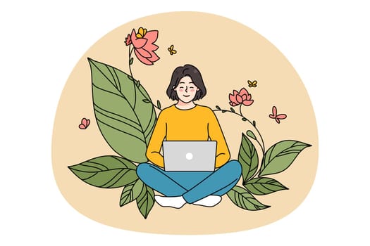 Smiling girl freelancer work online on computer on flower green background. Happy young woman use laptop for remoter job on internet in nature. Distant education. Flat vector illustration.