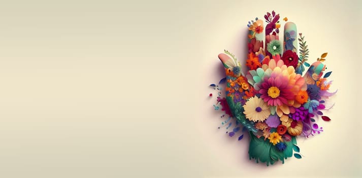 Hand covered with flowers, love and emotion concept, self care, help and charity, generative AI