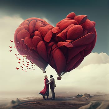 Couple under a red heart in the sky, emotion and love, support of soulmate, romance and honeymoon, Valentine´s day, generative AI