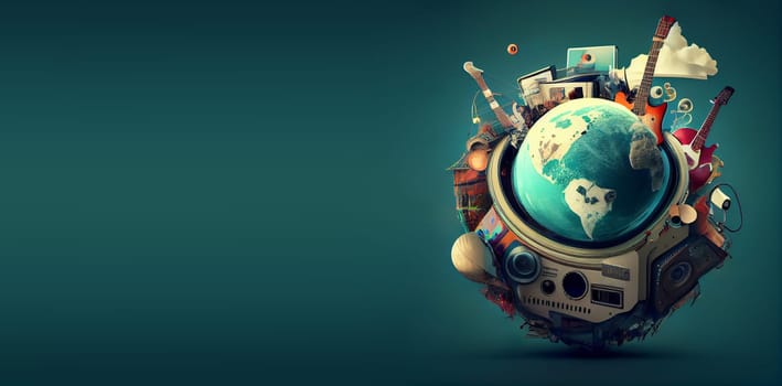 Planet earth with music instruments and radio, world music day, generative AI