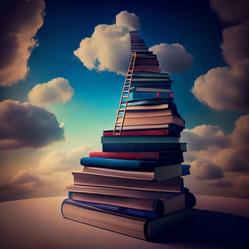 Pile of books book with a ladder to the sky, fantasy and magic, imagine a fairy tale story, world book day, wisdom and education, generative AI