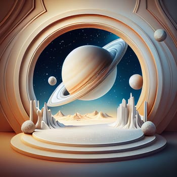 Podium platform 3d, planet saturn, astronomy and science, product display and showcase, promotion, generative AI