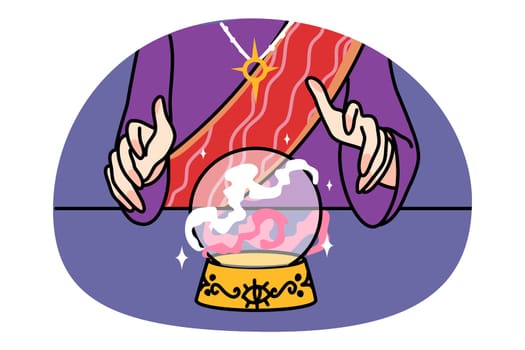 Hands of fortune teller with crystal ball tell fate to client or customer in magic salon. Magician or gypsy read fate on crystal magical ball. Prediction concept. Flat vector illustration.