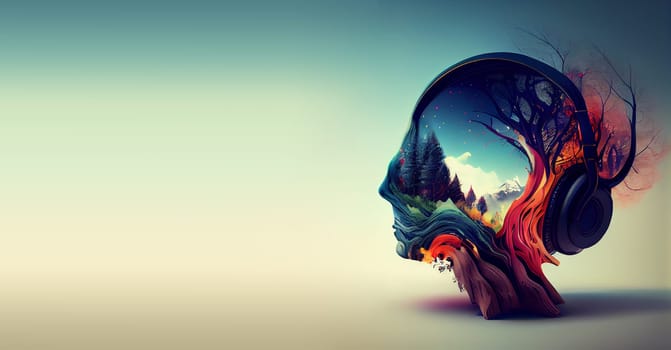 Earth, nature and music portrait, environment and mental health concept, protect the planet and ecosystem, generative AI