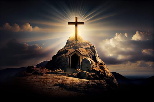 Cross on the mountain with sun light, belief, faith and spirituality, crucifixion and resurrection of Jesus Christ at Easter, generative AI