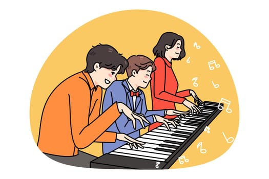 Happy family with son have fun playing one piano together. Smiling parents and kid enjoy weekend involved in music improvisation. Musician hobby and entertainment. Vector illustration.