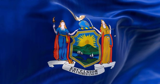 Detail of the New York State flag waving. Blue background with state coat of arms. 3d illustration render. Close-up. Textured textile. Selective focus