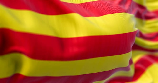 Detail of the Catalonia flag waving in the wind. Catalonia is an autonomous community of Spain. Four red stripes on a yellow field. 3d illustration render. Selective focus. Close-up