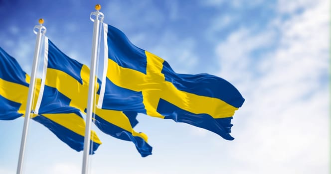 Three national flags of Sweden waving on a clear day. Yellow Nordic cross on a blue background. Scandinavian country. 3d illustration render. Rippled fabric. Textured background