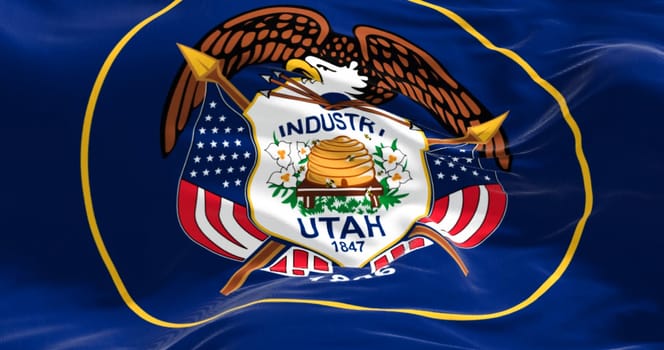 The Utah state flag fluttering in the wind. State seal surrounded by a golden circle on a dark blue background. 3D illustration render. Close-up. Rippled textile background