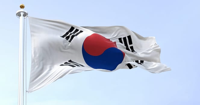 South Korea national flag waving on a clear day. The flag is a white field with a red and blue taegeuk in the center. 3d illustration render. Fluttering textile.