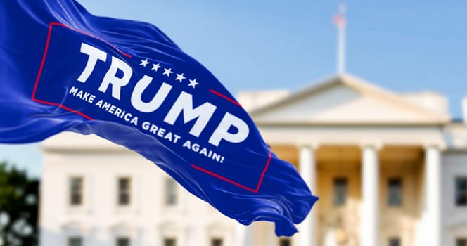 Washington D.C., US, march 2023: Flag with Donald Trump 2024 presidential election campaign logo waving in front a blurred White House. Illustrative editorial 3d illustration render