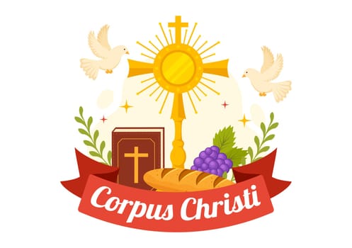 Corpus Christi Catholic Religious Holiday Vector Illustration with Feast Day, Cross, Bread and Grapes in Flat Cartoon Hand Drawn Poster Templates