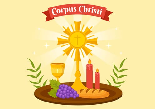 Corpus Christi Catholic Religious Holiday Vector Illustration with Feast Day, Cross, Bread and Grapes in Flat Cartoon Hand Drawn Poster Templates