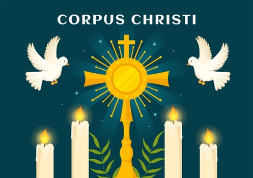Corpus Christi Catholic Religious Holiday Vector Illustration with Feast Day, Cross, Bread and Grapes in Flat Cartoon Hand Drawn Poster Templates