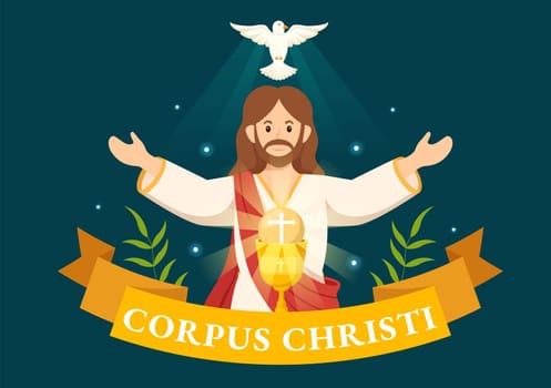 Corpus Christi Catholic Religious Holiday Vector Illustration with Feast Day, Cross, Bread and Grapes in Flat Cartoon Hand Drawn Poster Templates