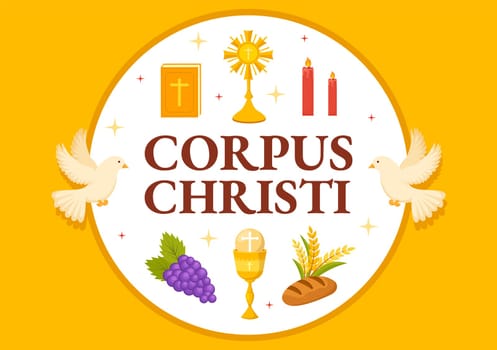 Corpus Christi Catholic Religious Holiday Vector Illustration with Feast Day, Cross, Bread and Grapes in Flat Cartoon Hand Drawn Poster Templates