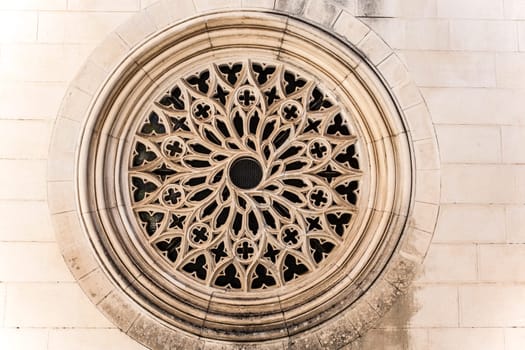 Coimbra, Portugal - Sept 7th 2019: Rose window of Rose window of Santo Agostinho da Graca, Santarem, Portugal dos Pequenitos, Coimbra