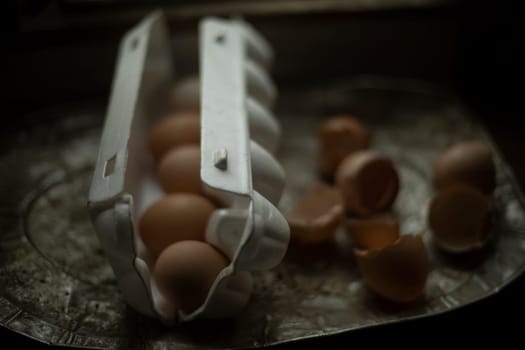Eggshell. Chicken eggs. Poor kitchen. Details of poor food. Natural product.