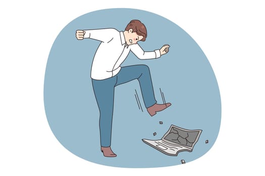 Angry male employee or worker crash laptop feel exhausted overwhelmed with job. Mad furious businessman break computer suffer from work stress or breakdown. Vector illustration.