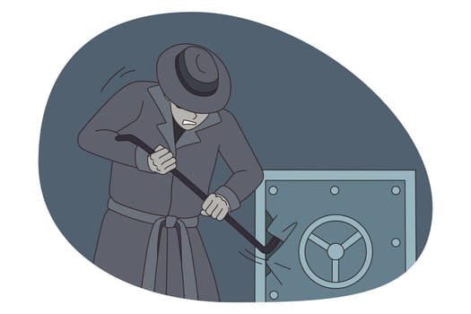 Male criminal break vault for money robbery in office. Man thief or villain rob strongbox with stick. Crime and burglary concept. Finance safety problem. Flat vector illustration.