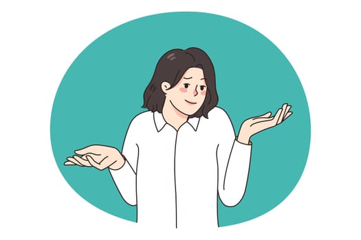 Frustrated woman with word Oops feel confused about unexpected problem or issue. Surprised female puzzled stunned by unbelievable trouble or accident. Flat vector illustration.