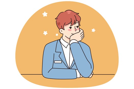 Male concierge sit at desk look in distance dreaming and imagining. Man administrator feel bored at workplace in hotel or business center, lost in dreams and thoughts. Vector illustration.