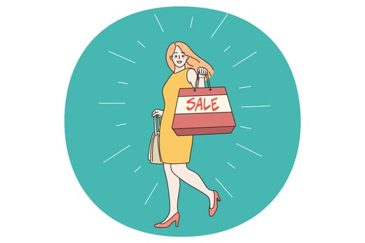 Happy woman buyer with bag excited with shopping on sales or promotions. Smiling female shopaholic buy clothes of good discount in mall or boutique. Consumerism. Vector illustration.