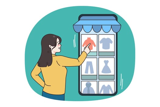 Woman client buy clothes online at smartphone gadget on web store. Happy girl customer or buyer make order on cellphone app. Shopping on internet, marketplace. Vector illustration.