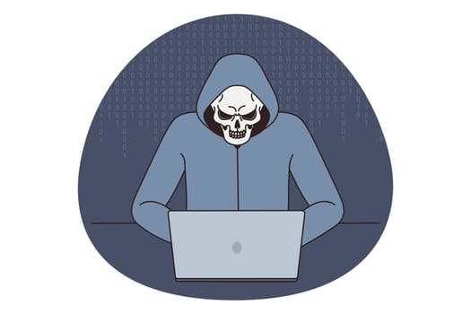 Anonymous hacker in hood and skull mask work on computer break operational software. Darknet user hack program on laptop. Spam or virus spread, technology safety. Vector illustration.