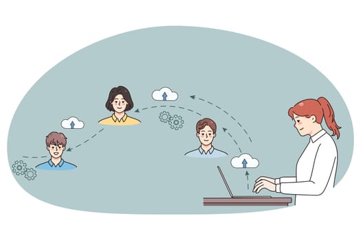 Young businesswoman work online on computer connect with diverse colleagues. Female employee hire freelancers on cloud network, communicate on internet. Vector illustration.