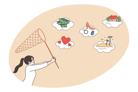 Motivated young woman with net strive for goals achievement. Happy girl with sack run for aim or target accomplishments. Dream or plan, visualization concept. Flat vector illustration.