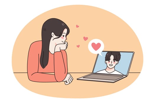 Happy girl talk on video call on laptop with boyfriend. Smiling loving woman have webcam virtual event on computer with male lover. Relationship on distance. Flat vector illustration.