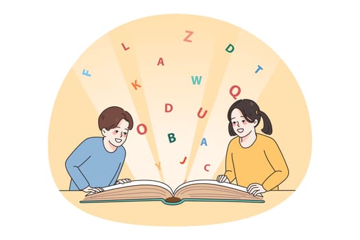 Smiling little kids learners have fun reading book together. Happy small children sit at desk enjoy literature. Booklover study or learn in school or kindergarten. Flat vector illustration.
