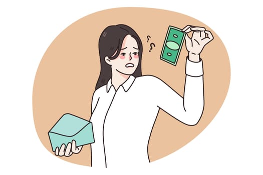 Confused female employee shocked by small salary in envelope. Frustrated unhappy woman worker surprised by wage amount. Finance problems concept. Flat vector illustration.