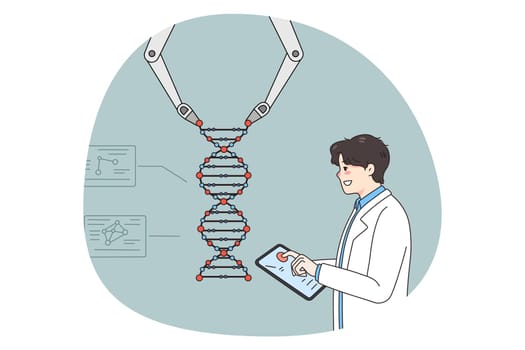 Man scientist use robotic arm work with DNA structure in modern laboratory. Male professor or researcher operate robot conduct experiments in lab. Medicine and technology. Vector illustration.