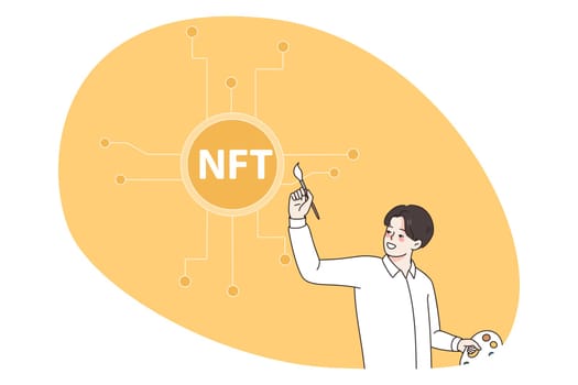 Man artist with brush pain NFT symbol selling cryptocurrency on stock exchange. Male investor trade crypto on internet involved in non-fungible token bidding. Flat vector illustration.