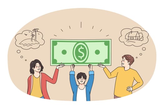 Happy family with kid carry dollar banknote saving for goal accomplishments. Smiling parents with child take bank mortgage or loan for plan realization. Financial stability. Vector illustration.