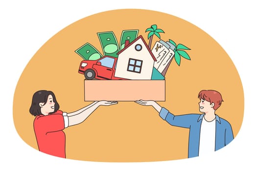 Happy man and woman dream of family goal achievement. Smiling couple strive for success, imagine plans and aims realization. Visualization and dreaming concept. Vector illustration.