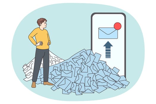 Unhappy male employee look at stack or unread emails think of workload. Man worker consider pile of mails and notifications of smartphone. Overwork and job stress concept. Vector illustration.