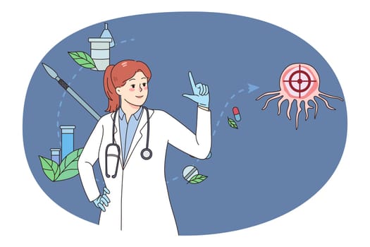 Female doctor or scientist explore cancer cell do research in laboratory. Woman medical specialist work with oncology diagnostic and treatment. Tumor biopsy and chemotherapy. Vector illustration.