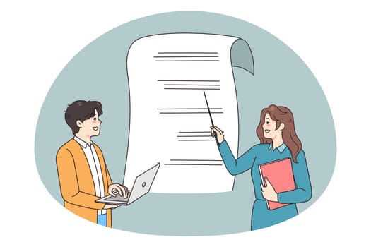 Female teacher explain finances to guy student at class in school or college. Financial advisor or consult talk about money earn and cost optimization strategies. Flat vector illustration.