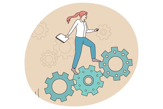 Motivated businesswoman move up career ladder strive for goal achievement at workplace. Confident female employee climb gear mechanism accomplish success. Flat vector illustration.